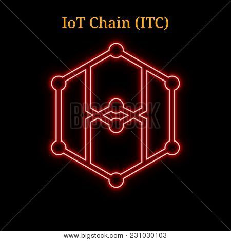 Red Neon Iot Chain (itc) Cryptocurrency Symbol. Vector Illustration Eps10 Isolated On Black Backgrou