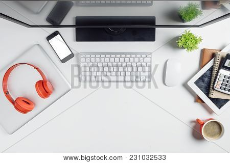 Modern White Office Desk Table With Computer,calculator,tablet,notebook,laptop,blank Screen Smartpho