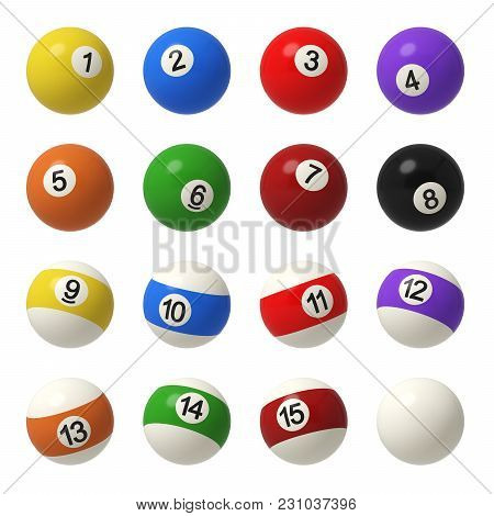 3d Rendering Of A Complete Set Of Billiard Balls In Front View With Different Colors And Numbers. Bi