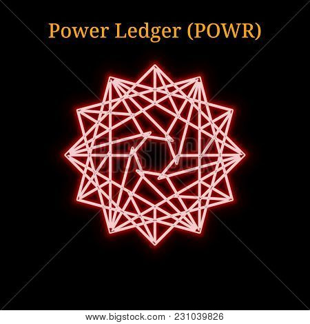 Red Neon Power Ledger (powr) Cryptocurrency Symbol. Vector Illustration Eps10 Isolated On Black Back