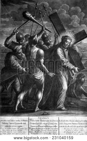 BLATO, CROATIA - MARCH 22: 5th Stations of the Cross, Simon of Cyrene carries the cross, Church of All Saints in Blato, Korcula island, Croatia, on March 22, 2017.