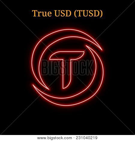 Red Neon True Usd (tusd) Cryptocurrency Symbol. Vector Illustration Eps10 Isolated On Black Backgrou