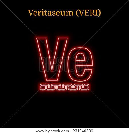 Red Neon Veritaseum (veri) Cryptocurrency Symbol. Vector Illustration Eps10 Isolated On Black Backgr