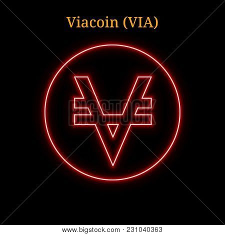 Red Neon Viacoin (via) Cryptocurrency Symbol. Vector Illustration Eps10 Isolated On Black Background