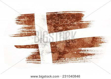 Art Brush Watercolor Painting Of Denmark Flag Blown In The Wind Isolated On White Background.