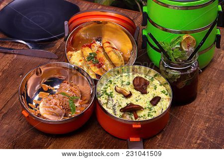 Tiffin Box, Italian Food. Corn Spinach Cheese Panzerotti S, Brocolli And Curried Mushroom Risotto, C