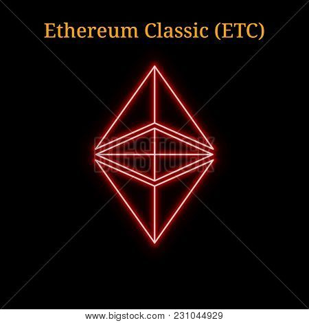 Red Neon Ethereum Classic (etc) Cryptocurrency Symbol. Vector Illustration Eps10 Isolated On Black B