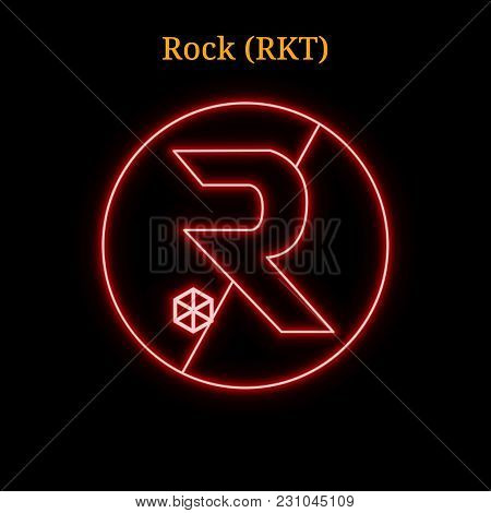 Red Neon Rock (rkt) Cryptocurrency Symbol. Vector Illustration Eps10 Isolated On Black Background