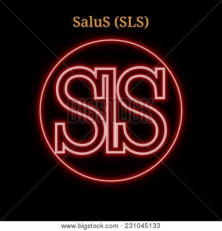 Red Neon Salus (sls) Cryptocurrency Symbol. Vector Illustration Eps10 Isolated On Black Background