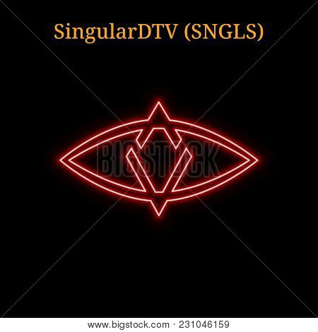 Red Neon Singulardtv (sngls) Cryptocurrency Symbol. Vector Illustration Eps10 Isolated On Black Back