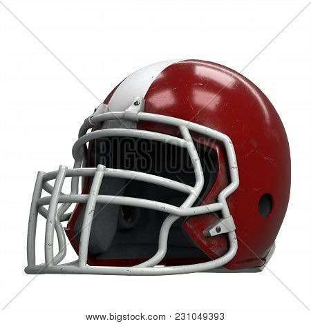 Old American Football Helmet. Red Helmet With Dirt And Scratches. Perspective View. Oldschool Used S