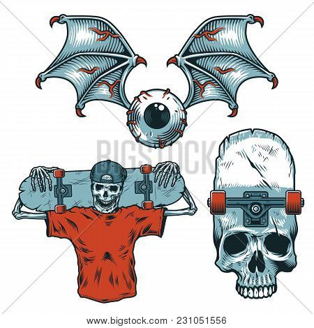 Set Of Skateborading Objects And Elements. Vector Illustration.