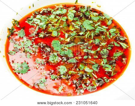 Ukrainian Russian Traditional Vegetarian Red Soup - Borsch. Top View.