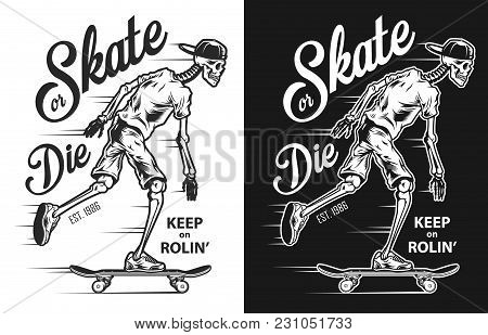 Monochrome Skateboarding Prints With Skeleton. Vector Illustration