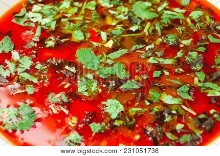 Ukrainian Russian Traditional Vegetarian Red Soup - Borsch. Top View.