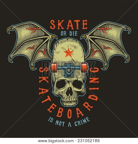 Colour Skateboarding Print With Skate And Skull. Vector Illustration