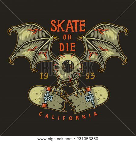 Colour Emblem Design With Eye Wings And Cracked Skate, Vector Illustration