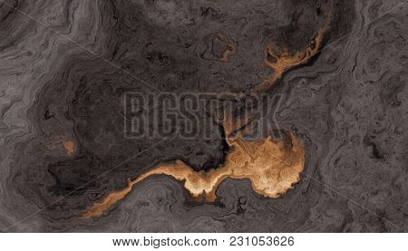 Texture Of Cuted Roots Of Tree With Wavy Lines And Age Rings. Golden Blot On A Dark Wooden Backgroun