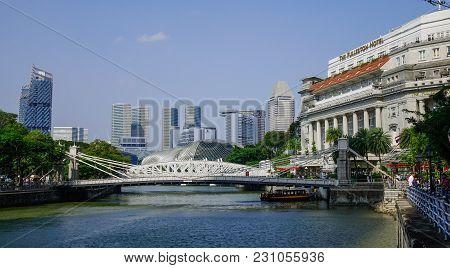 Singapore - Feb 9, 2018. Famous Fullerton Hotel With Riverscene In Singapore. Singapore Is Global Fi