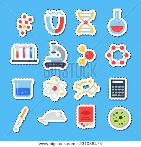 Vector Colored Flat Style Science Icons Stickers With Shadows Set Illustration