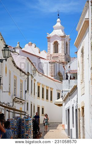 Lagos, Portugal - June 9, 2017 - View Along R Henrique Correia Da Silver Street Towards Santo Antoni