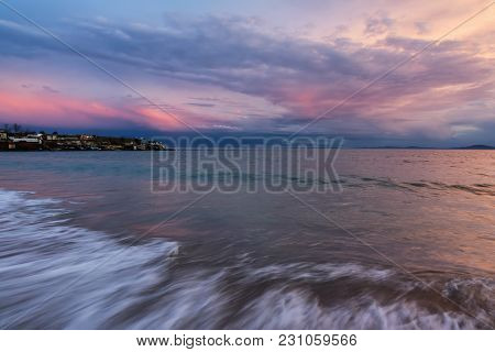 Colorful Sunset At The Fishing Village Near Ravda, Bulgaria. Sea Sunset At Black Sea Coast.