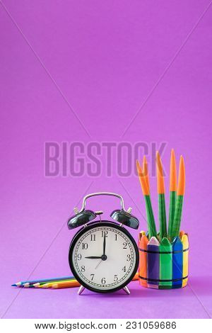 Alarm Set At 9 O'clock, Colorful Cactus, Rainbow Pencils, Working School Drawing Concept