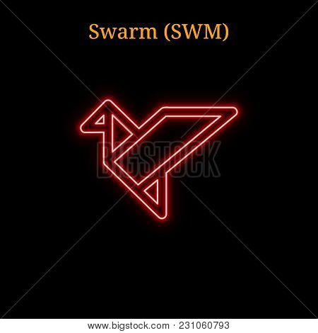 Red Neon Swarm (swm) Cryptocurrency Symbol. Vector Illustration Eps10 Isolated On Black Background