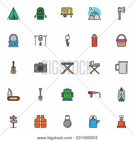 Camping Filled Outline Icons Set, Line Vector Symbol Collection, Linear Colorful Pictogram Pack. Sig
