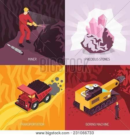 Gems Precious Stones Mining 4 Icons Conceptual Square  Composition With Boring Machine And Transport