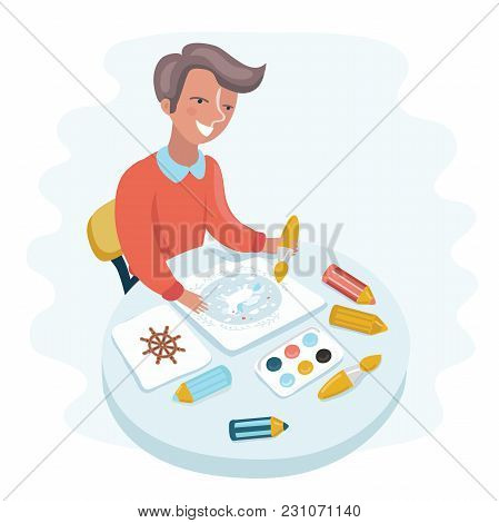 Vector Cartoon Funny Illustration Of Cute Happy Boy Painting With Paint On The Table. Accessories Fo