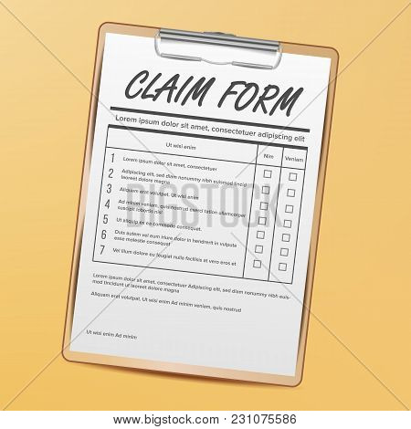 Claim Form Vector. Business Document. Accident Snd Insurance Concept. Realistic Illustration