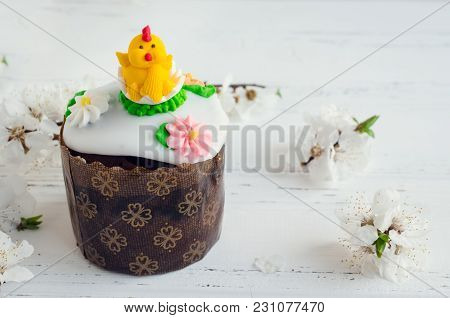 Traditional Ukrainian Easter Cake Paska Decorated For Children And Spring Cherry Blossom On White Sh
