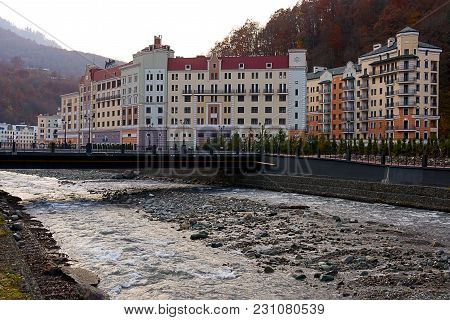 Sochi, Russia - November 16, 2017: Baywalk Nearby Rosa Khutor. Olympic Village Roza Khutor