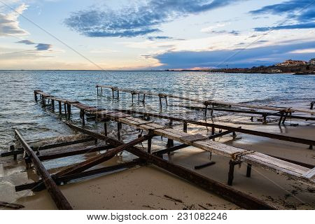 Colorful Seascape At The Fishing Village Near Ravda, Bulgaria. Sea Sunset At Black Sea Coast.