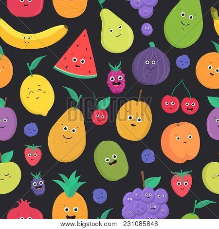 Bright Colored Seamless Pattern With Cute Fresh Exotic Tropical Fruits And Berries With Happy Smilin