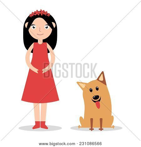 Illustration Of A Little Girl With Her Pet Dog, Flat Vector Icon Eps10