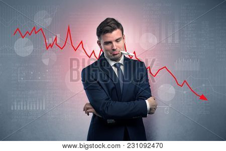 Young sick businessman with decreasing performance concept