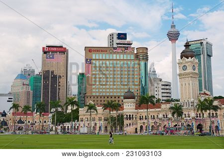 Kuala Lumpur, Malaysia - August 29, 2009: View To The Sultan Abdul Samad Building With Modern Buildi