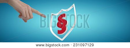 Woman's hand using invisible screen against abstract blue background