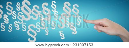 Human hand pointing on white background against abstract blue background