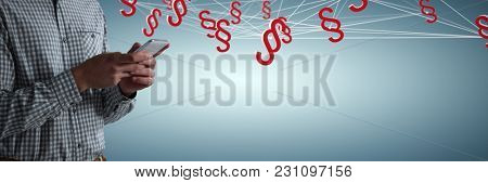 Midsection of man using mobile phone against abstract green background,