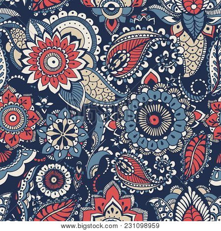 Floral Paisley Seamless Pattern With Colorful Folk Oriental Motifs Or Mehndi Elements On Blue Backgr