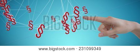 Woman's hand using invisible screen against abstract blue background