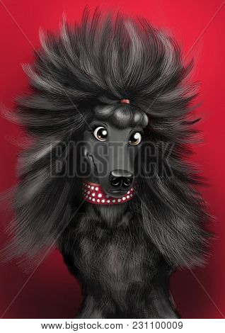 Black Dog Portret, Isolated On Red Background. Illustration