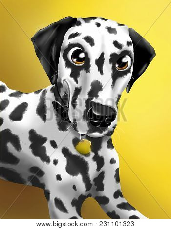 Portrait Of A Dalmatian On A Yellow Background. Hand Drawn Illustration