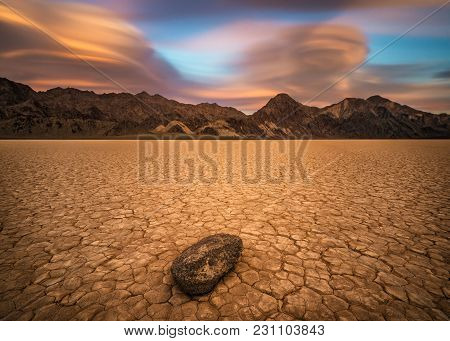Sailing Stone On The The Racetrack Playa In Death Valley National Park At Sunset. The Racetrack Play