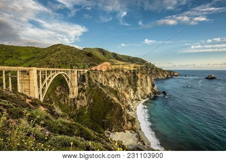 Bixby Bridge Also Known As Rocky Creek Bridge And Pacific Coast Highway Near Big Sur In California, 