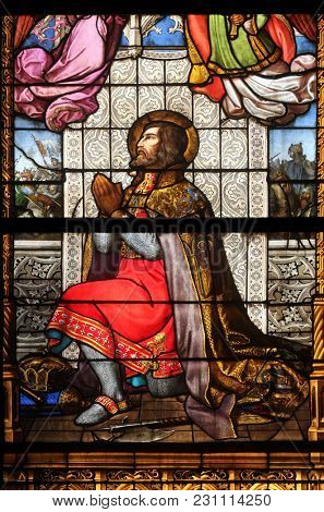 ZAGREB, CROATIA - SEPTEMBER 26: Saint Ladislaus, stained glass in Zagreb cathedral dedicated to the Assumption of Mary in Zagreb on September 26, 2013.
