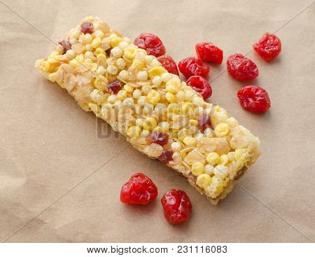 Cereal Muesli Bar With Dry Fruits On Paper Background, Top View